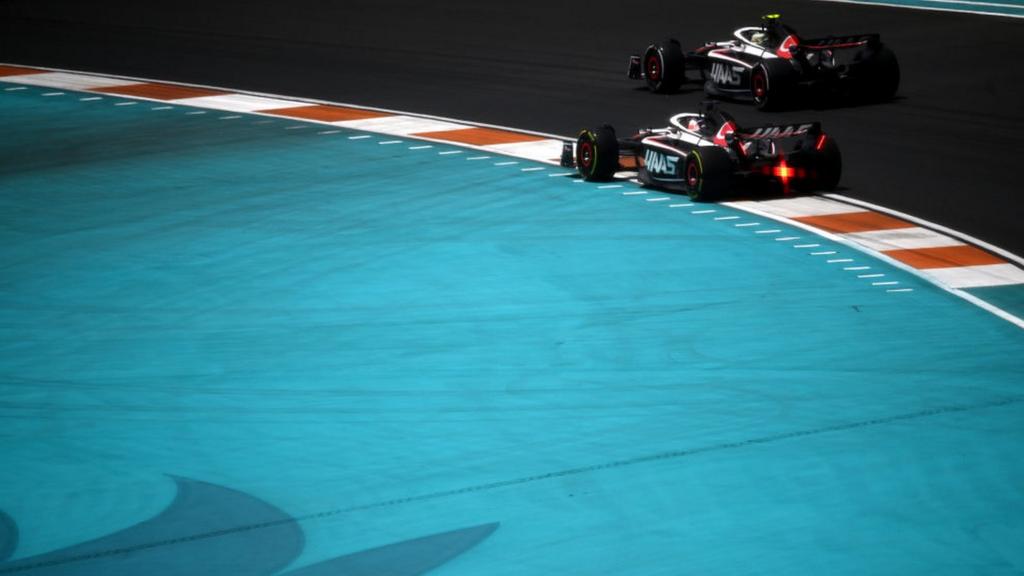 Kevin Magnussen and Nico Hulkenberg of Haas on track in Miami