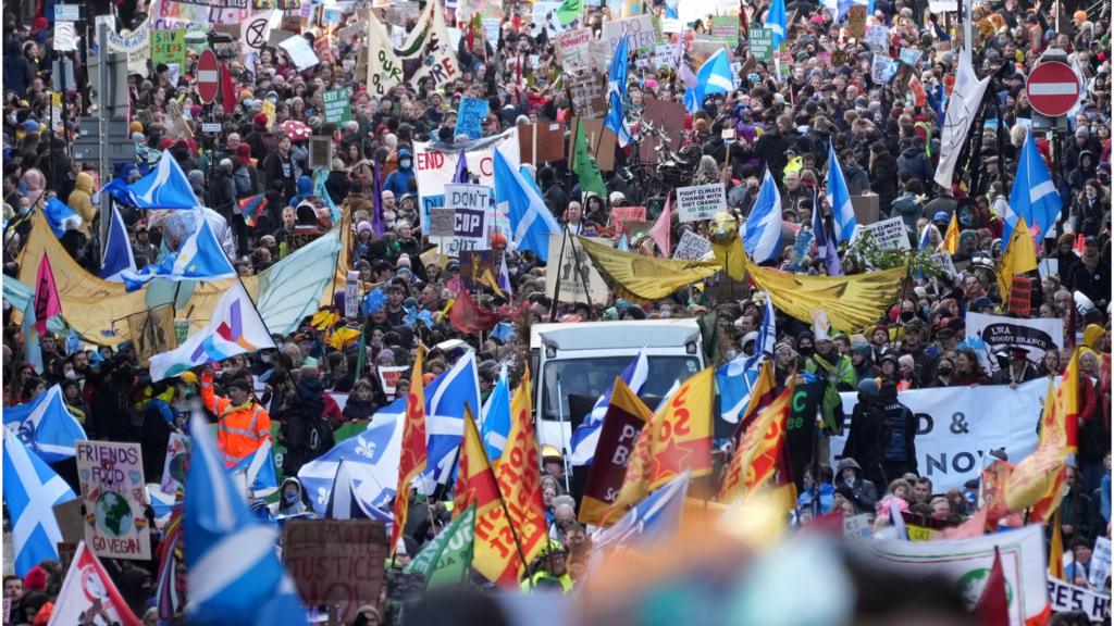 Climate protestors gather for the Global Day of Action for Climate Justice march on November 06, 2021 in Glasgow,