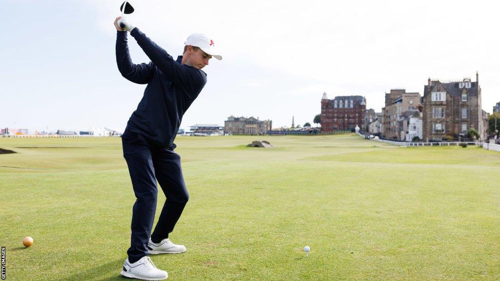 Connor Graham of Great Britain and Ireland tees off on the 18th hole during a practice round prior to the Walker Cup at St Andrews Old Course