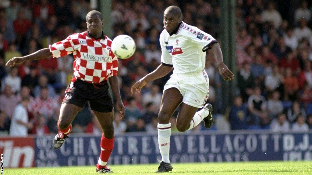 Vance Warner (right) in action for Rotherham United