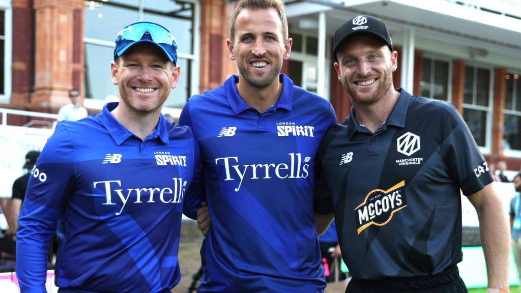 London Spirit captain Eoin Morgan (left), Tottenham striker Harry Kane (centre) and Manchester Originals captain Jos Buttler (right)