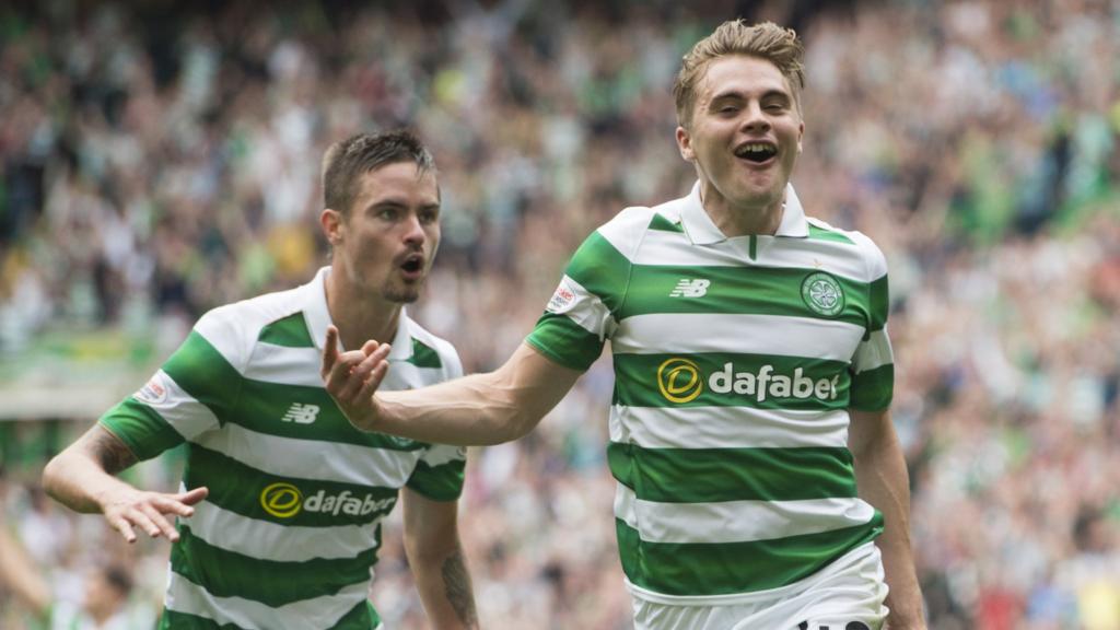 James Forrest celebrates scoring for Celtic