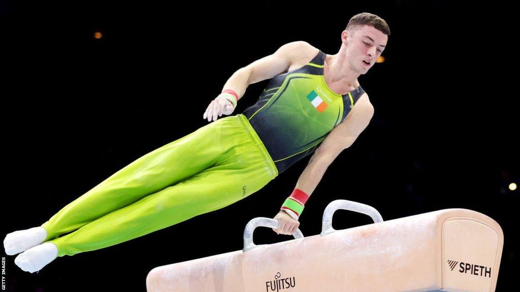 Rhys McClenaghan in action during the pommel horse final in Antwerp on Saturday