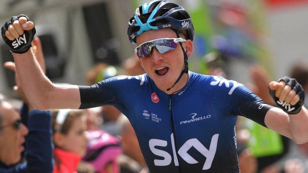 Team Sky's Tao Geoghegan Hart celebrates winning stage four of the Tour of the Alps