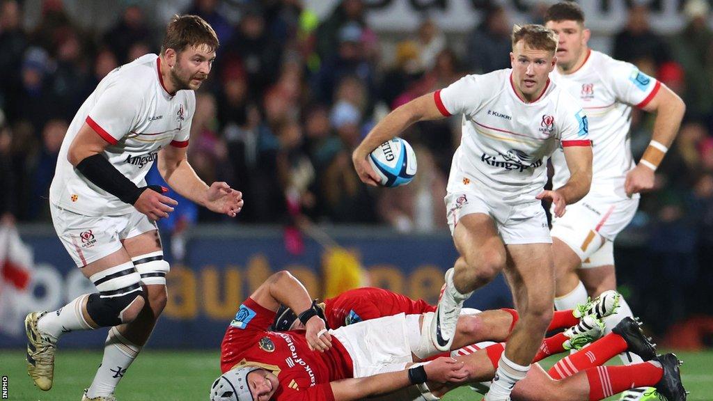 Iain Henderson (left), Stewart Moore (centre) and Dave Ewers (right) will start for Ulster against the Lions