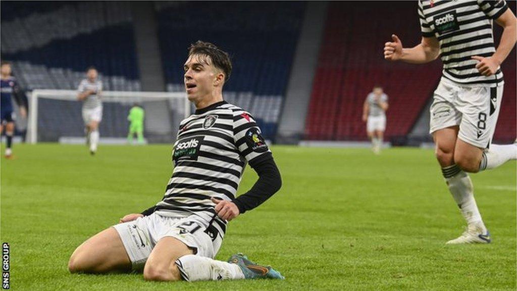 Queen's Park's Grant Savoury celebrates scoring to make it 1-0 during a cinch Championship match between Queen's Park and Hamilton Academical at Hampden Park