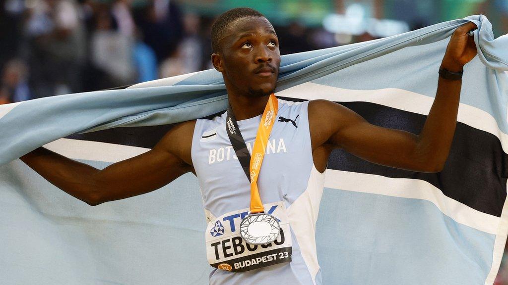 Letsile Tebogo of Botswana celebrates winning a silver medal in the 100m at the World Athletics Championships in Hungary in 2023