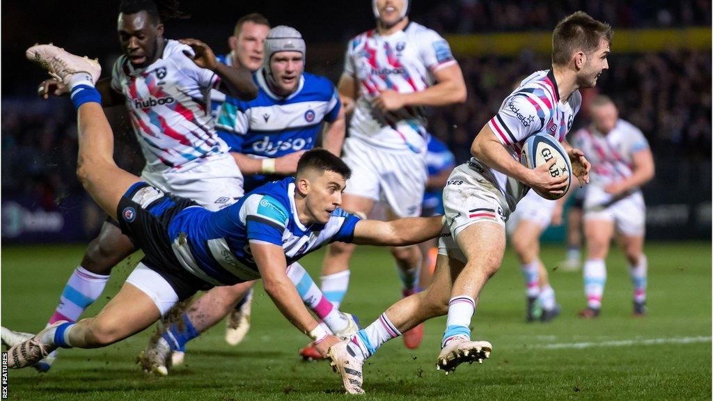 Cameron Redpath falls as he tries to tackle Harry Randall during Bath v Bristol last season in the Premiership