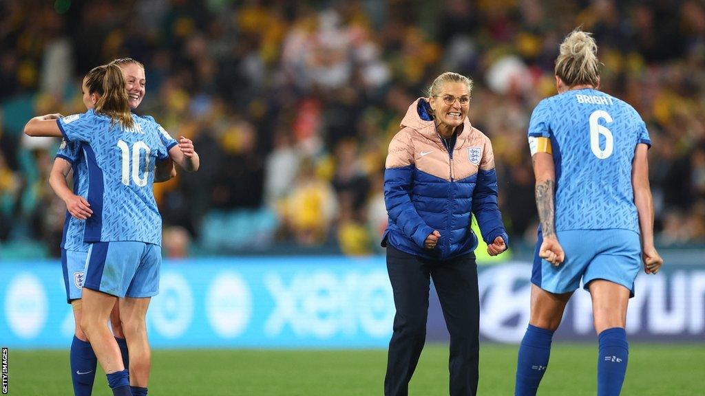 England players Keira Walsh and Ella Toone hug, Sarina Wiegman runs to hug Millie Bright