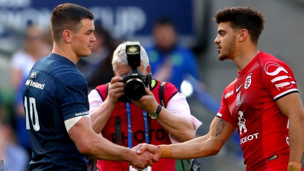 Romain Ntamack shakes hands with Johnny Sexton after Leinster's victory over Toulouse in the 2019 European Champions Cup semi-final