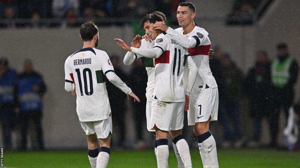 Cristiano Ronaldo celebrates with his Portugal team-mates