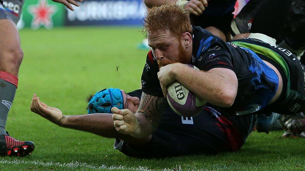 Dan Baker goes over for Ospreys