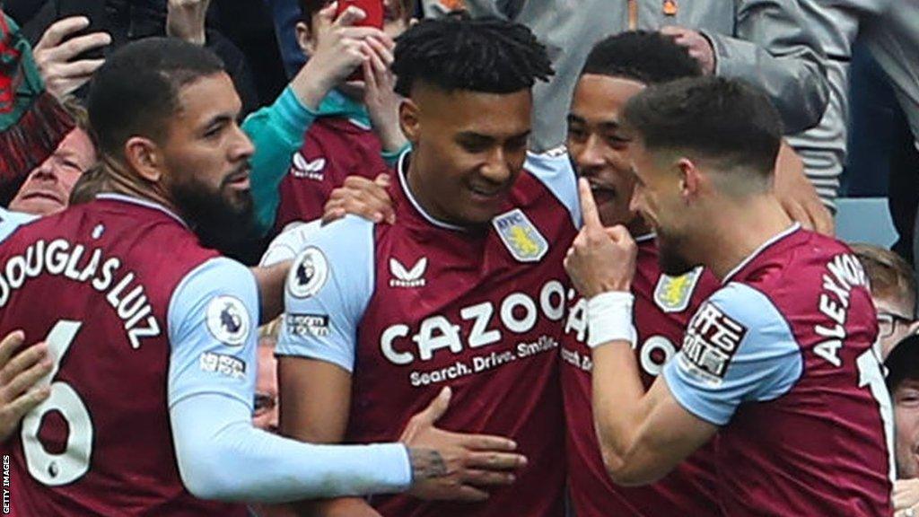 Ollie Watkins celebrates giving Aston Villa a 2-0 lead against Newcastle United in the Premier League