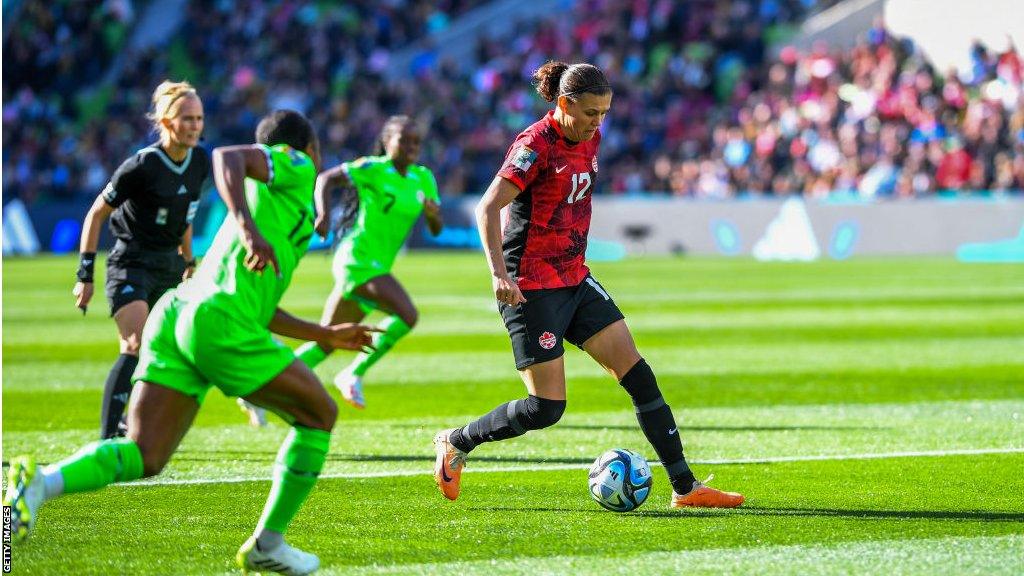 Christine Sinclair playing at the recent Women's World Cup