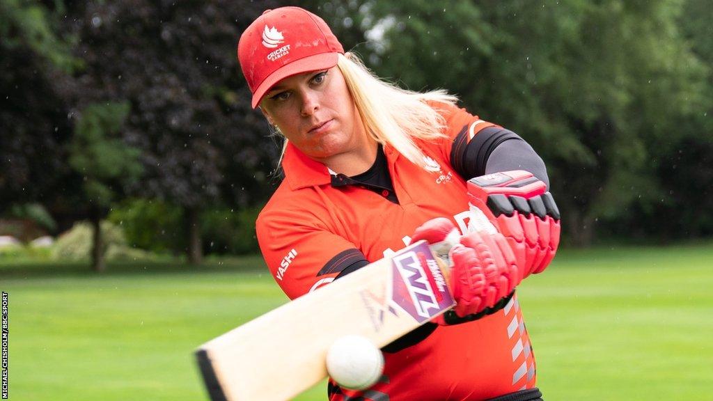 Transgender cricketer Danielle McGahey plays a pull shot