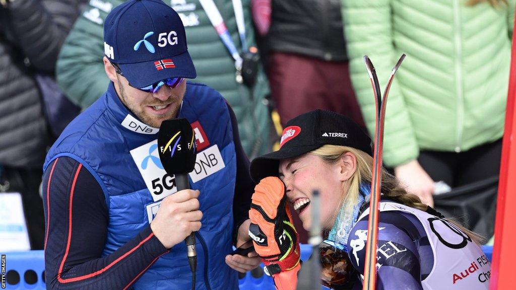 Aleksander Aamodt Kilde interviewing Mikaela Shiffrin