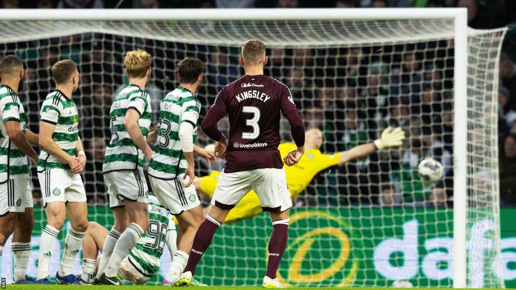 Stephen Kingsley scores a free-kick in a 2-0 win at Celtic Park for Hearts