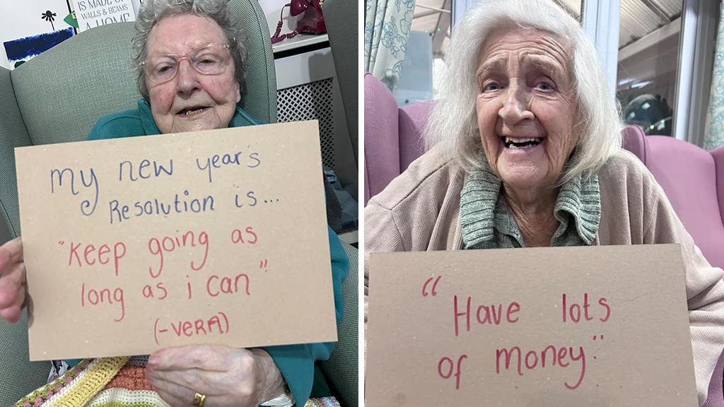 Residents at Temple Croft Care Home hold up signs displaying their new year's resolutions