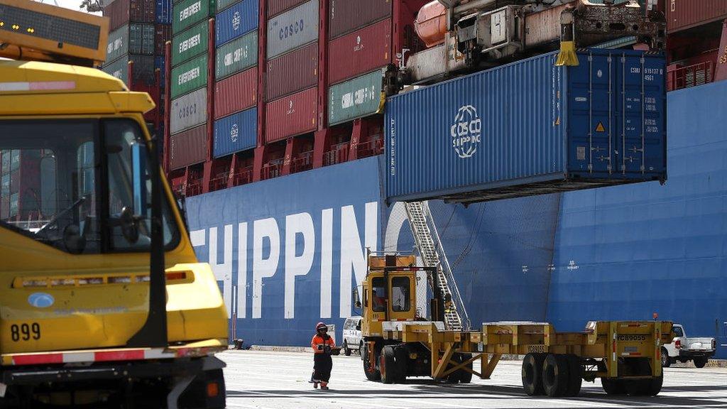 Shipping container from Hong Kong being offloaded in Oakland