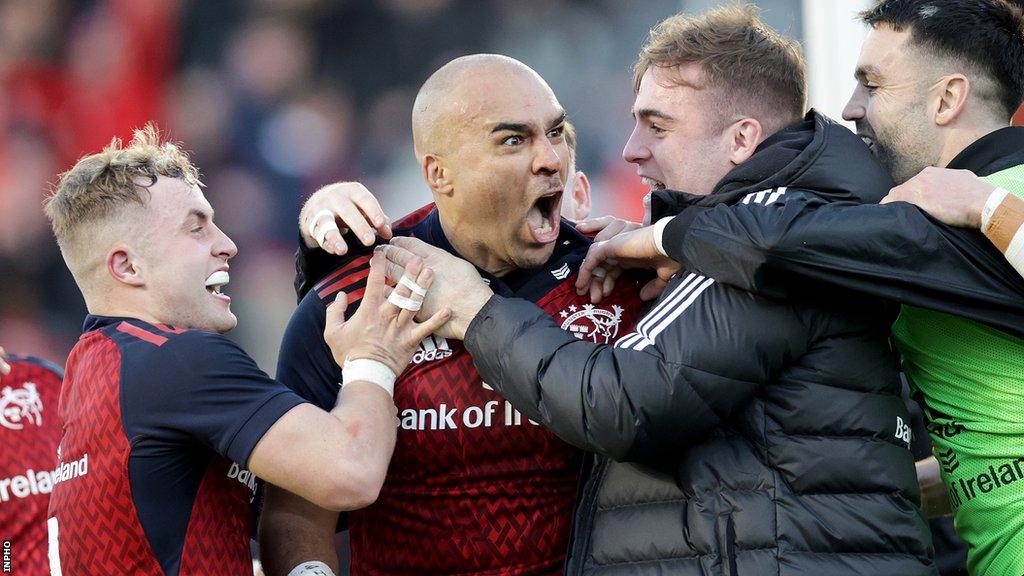 Simon Zebo celebrates a try for Munster against Toulon