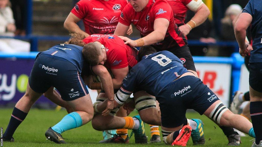 Cornish Pirates try to advance the ball at Doncaster Knights