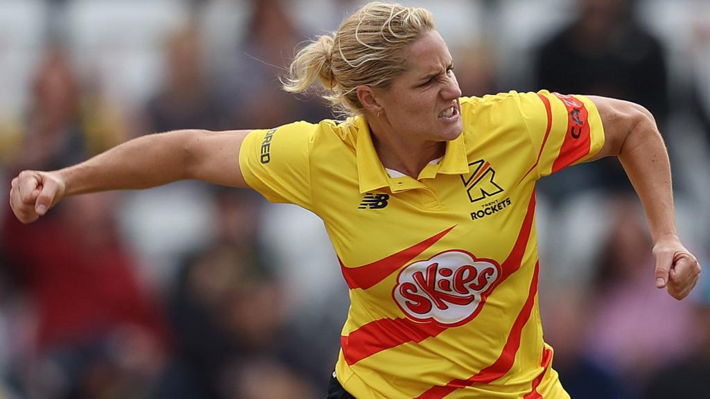 Trent Rockets bowler Katherine Brunt celebrates taking a wicket