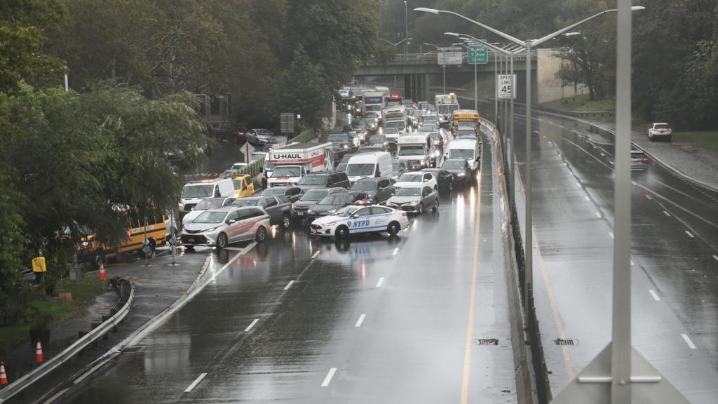 A section of the Prospect Expressway is closed during high water after heavy rain and flooding on September 29, 2023 in the Brooklyn Borough of New York City