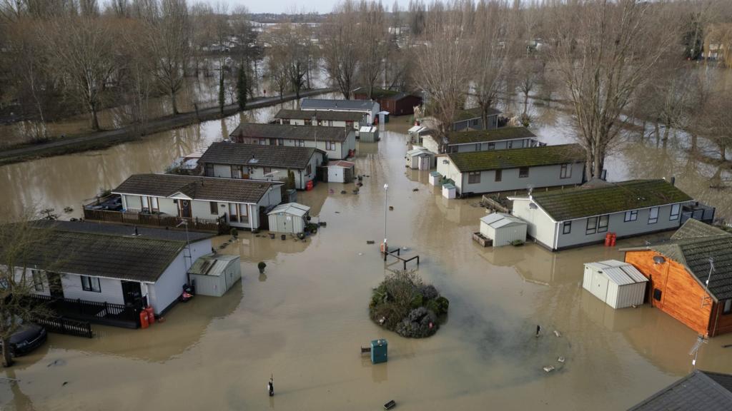 Partially submerged holiday homes at Billings Aquadome holiday park 4 January, Northampton