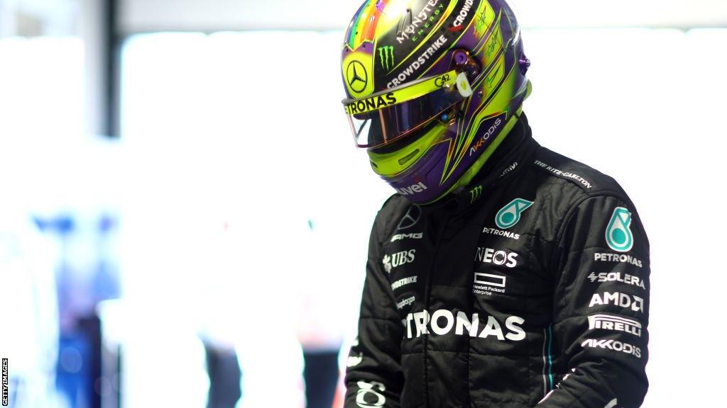 Lewis Hamilton in the Mercedes garage after qualifying 13th for the Miami Grand Prix