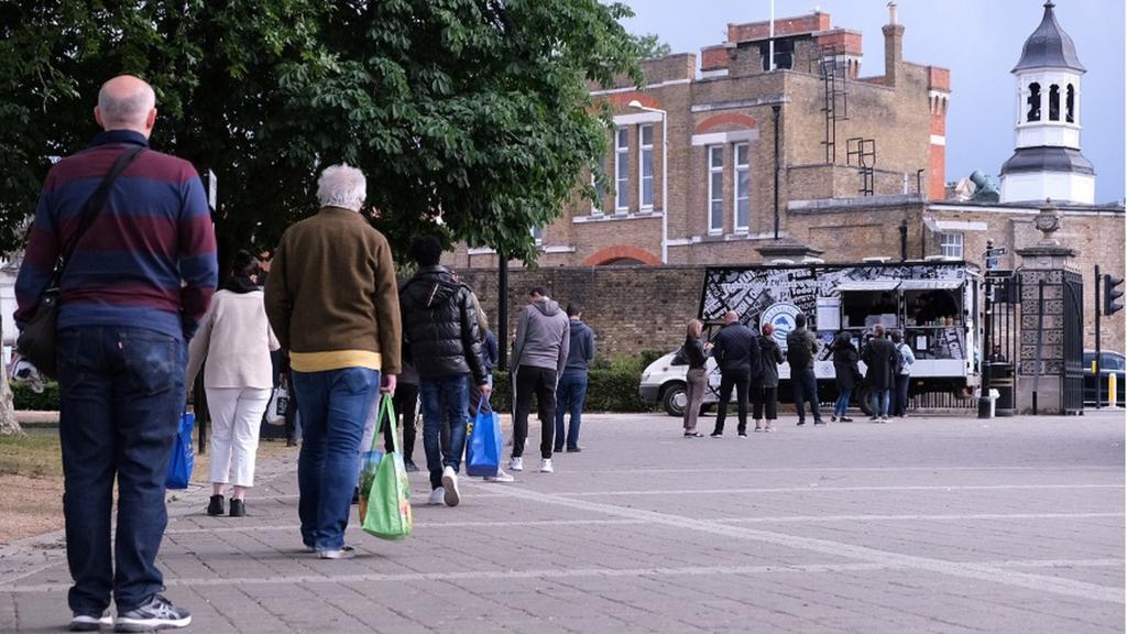 Socially distanced queue for fish and chips, London