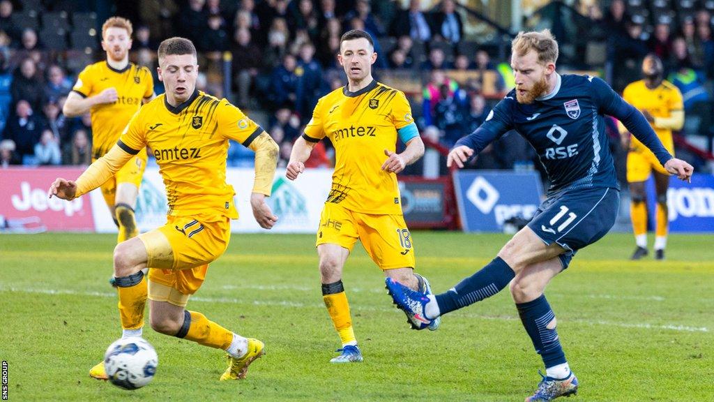 Ross County's Josh Sims scores to make it 3-2 during a cinch Premiership match between Ross County and Livingston at the Global Energy Stadium