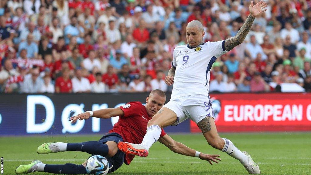 Scotland's Lyndon Dykes celebrates after making it 1-1 during a UEFA Euro 2024 Qualifier match between Norway and Scotland at the Ullevaall Stadion, on June 17, 2023, in Oslo