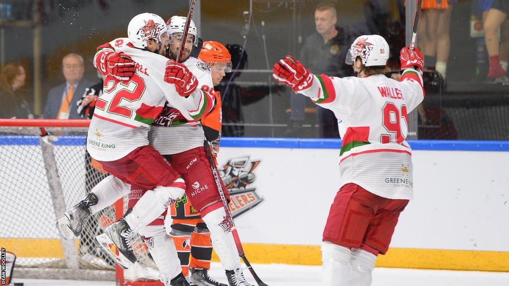 Cardiff Devils celebrate Jake Coughler's winner