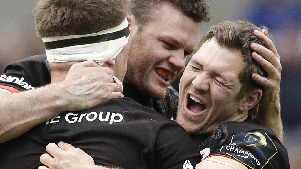 Owen Farrell, Duncan Taylor and Alex Goode celebrate Saracens' win over Wasps