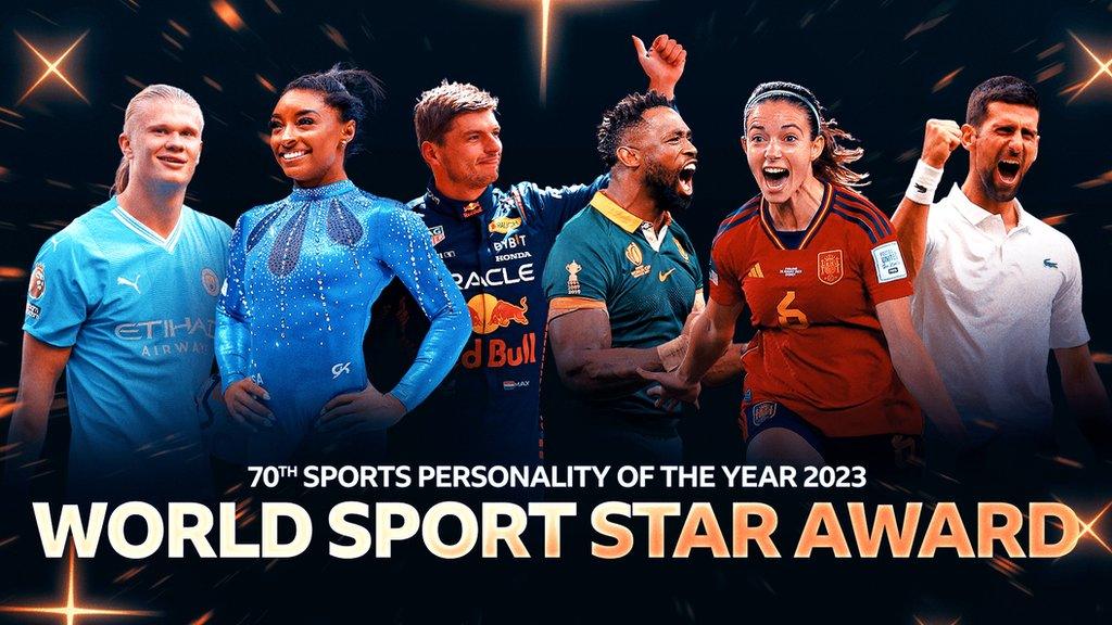 Graphic showing Erling Haaland, Simone Biles, Max Verstappen, Siya Kolisi, Aitana Bonmati and Novak Djokovic