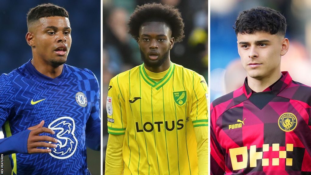 Tino Anjorin from Chelsea, forward Abu Kamara from Norwich City and midfielder Alex Robertson from Manchester City in their home club colours before signing for Pompey on loan