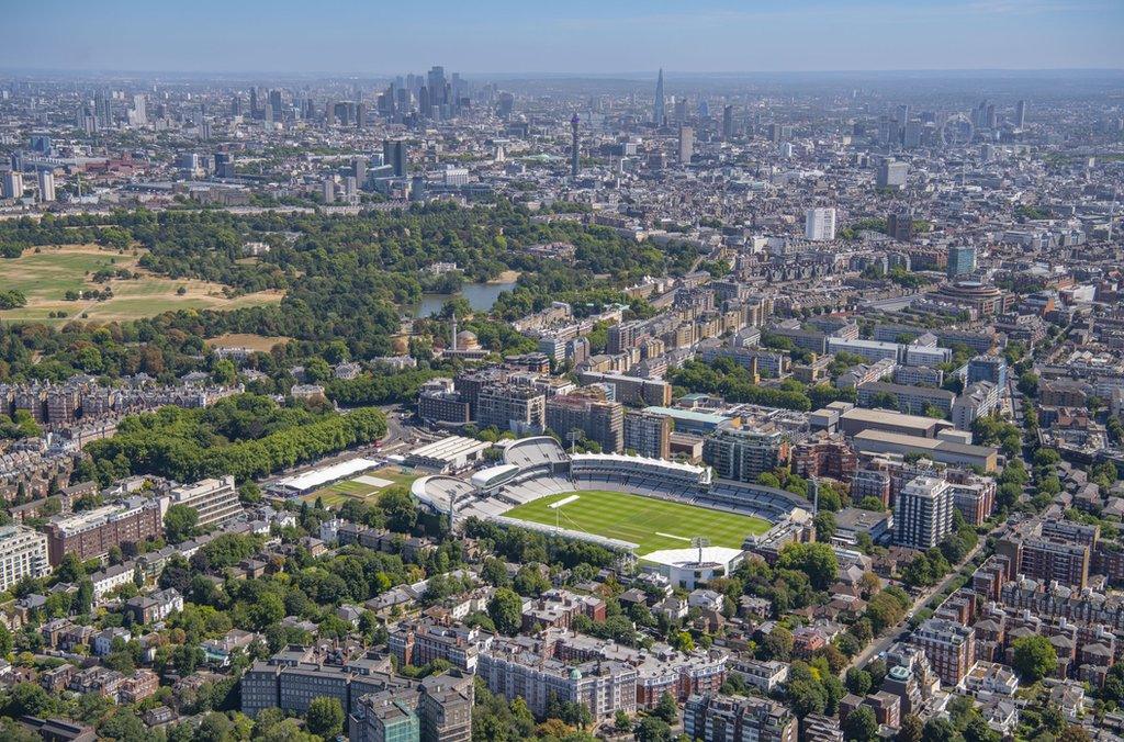 Over Lords Cricket Ground, with Regents Park in background