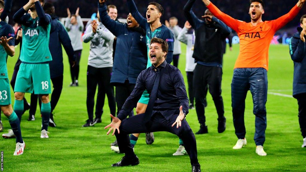 Tottenham Hotspur manager Mauricio Pochettino celebrates his side's win in the Champions League semi-final between Ajax and Tottenham Hotspur at the Johan Cruyff Arena in May 2019