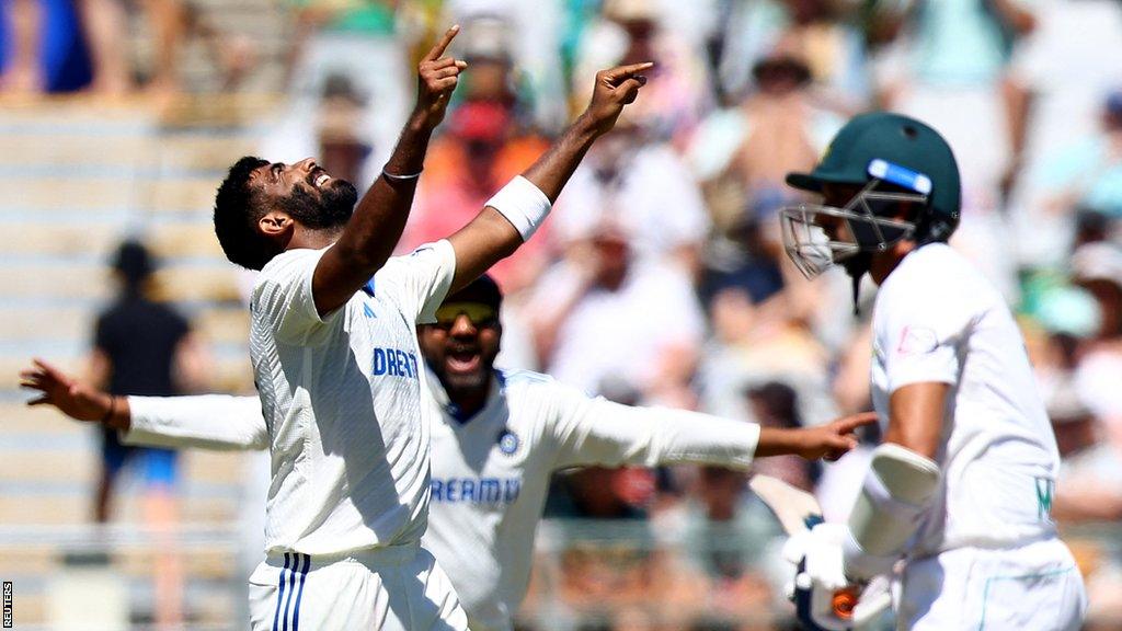 India's Jasprit Bumrah celebrates taking the wicket of South Africa's Keshav Maharaj at Newlands, Cape Town