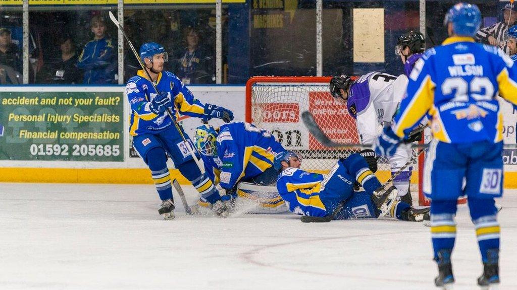 Fife Flyers' Shane Owen makes a save from Jay Rosehill of Braehead Clan in Monday's meeting in Kirkcaldy