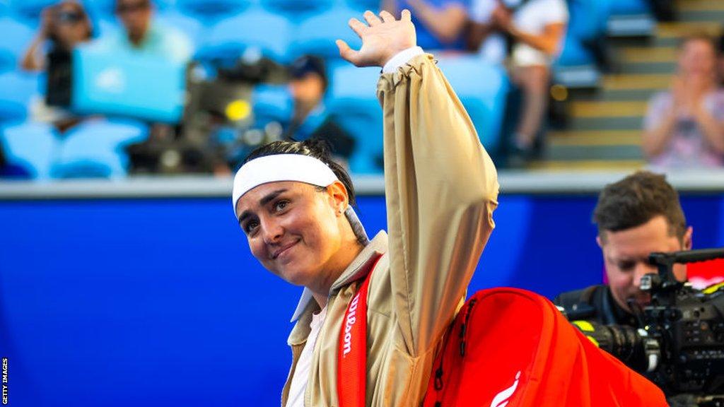 Ons Jabeur of Tunisia in action against Yuliia Starodubtseva of Ukraine in the first round on Day 2 of the 2024 Australian Open at Melbourne Park