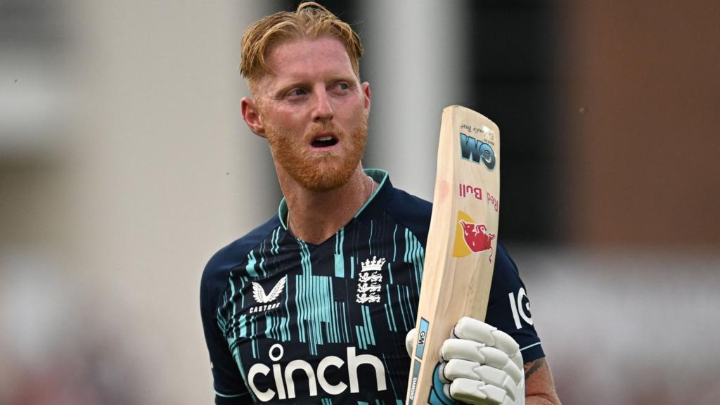 England's Ben Stokes raises his bat to the crowd after being dismissed in his final ODI