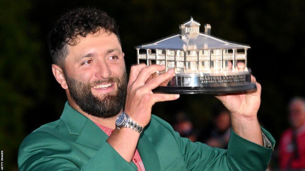 Jon Rahm of Spain poses with the Masters trophy during the Green Jacket Ceremony after winning the 2023 Masters Tournament at Augusta National Golf Club