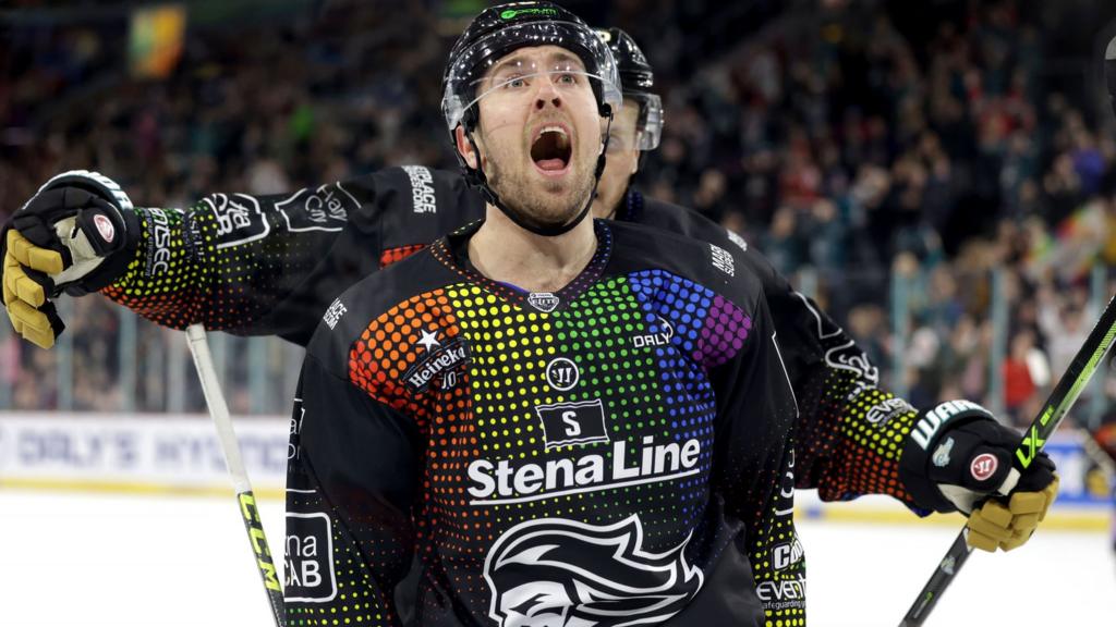 Scott Conway celebrates after putting the Giants 2-0 ahead at the SSE Arena