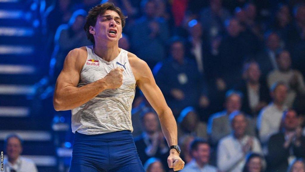 Armand Duplantis celebrates at the Mondo Classic in February after clearing 6m