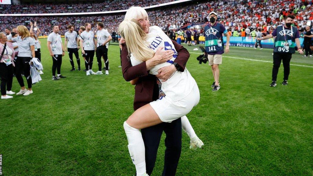 Baroness Sue Campbell hugs Chloe Kelly