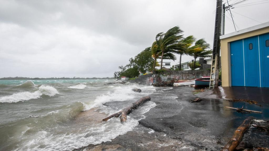 Strong winds and pouring rain batter the mauritius coastline in Mahebourg a small fishing village on February 2, 2022.