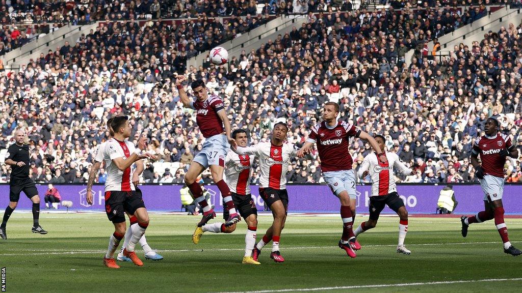 West Ham's Nayef Aguerd heads his side into the lead against Southampton in the Premier League at London Stadium