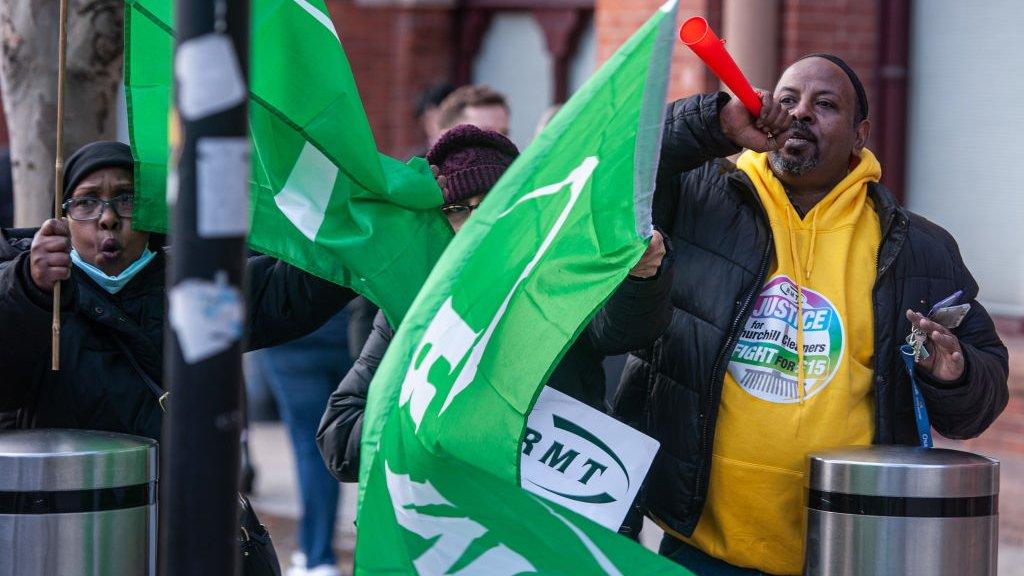 Striking cleaners at St Pancras on 12 March 2022