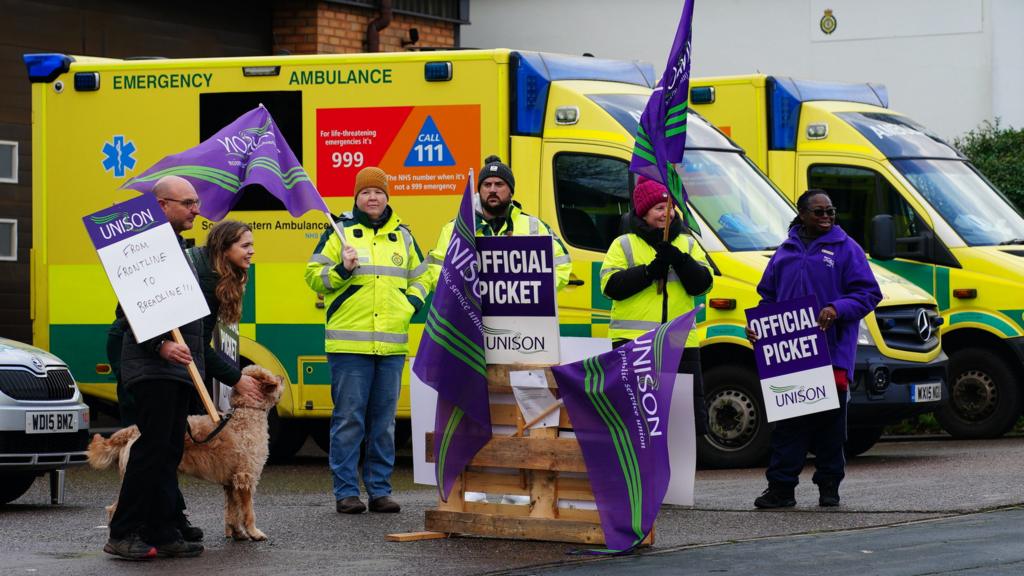 Ambulance workers on the picket line outside Soundwell Ambulance Station in Bristol